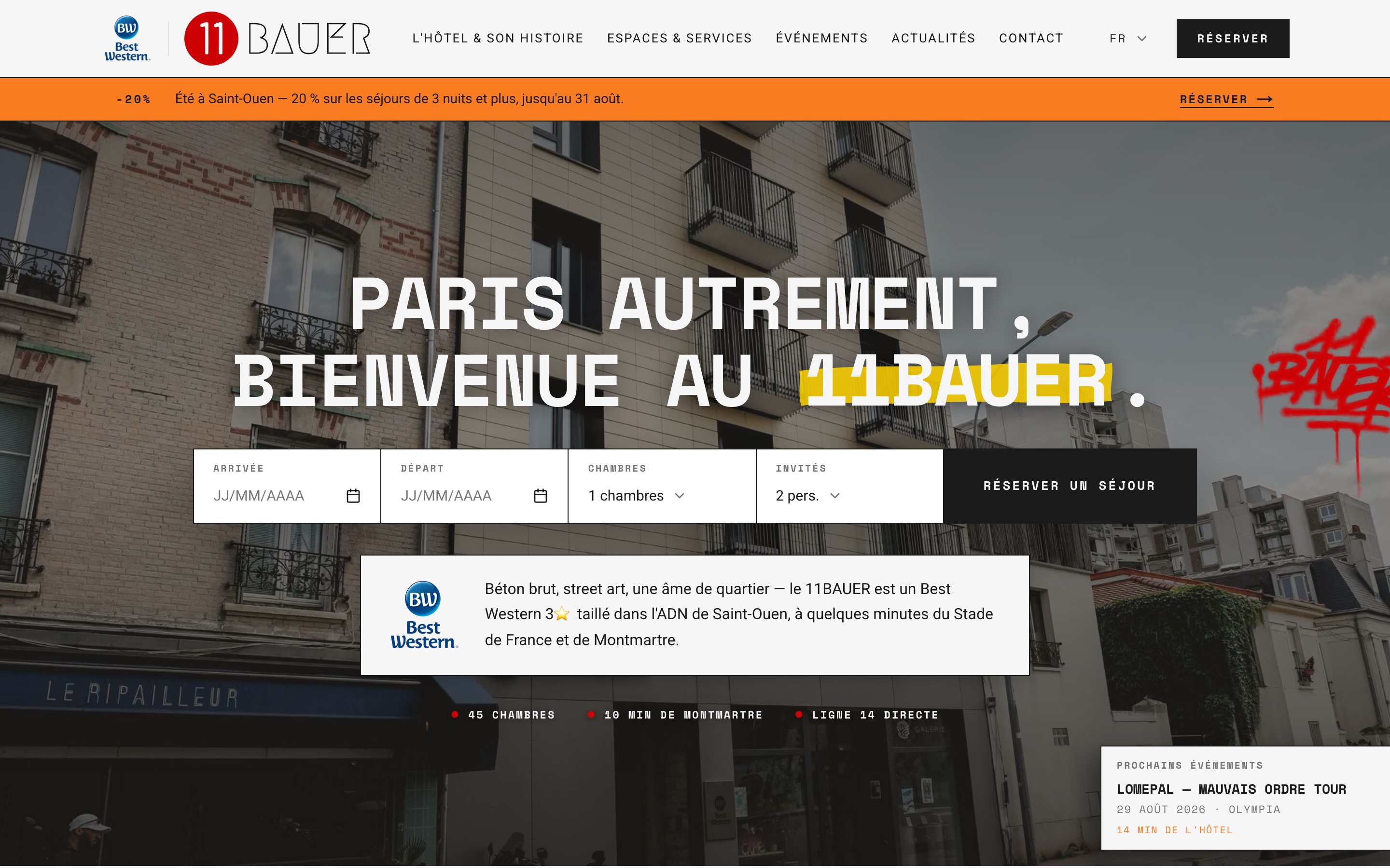 Industrial Parisian hero with bold display type reading "Paris autrement, bienvenue au 11BAUER" over a Saint-Ouen street facade