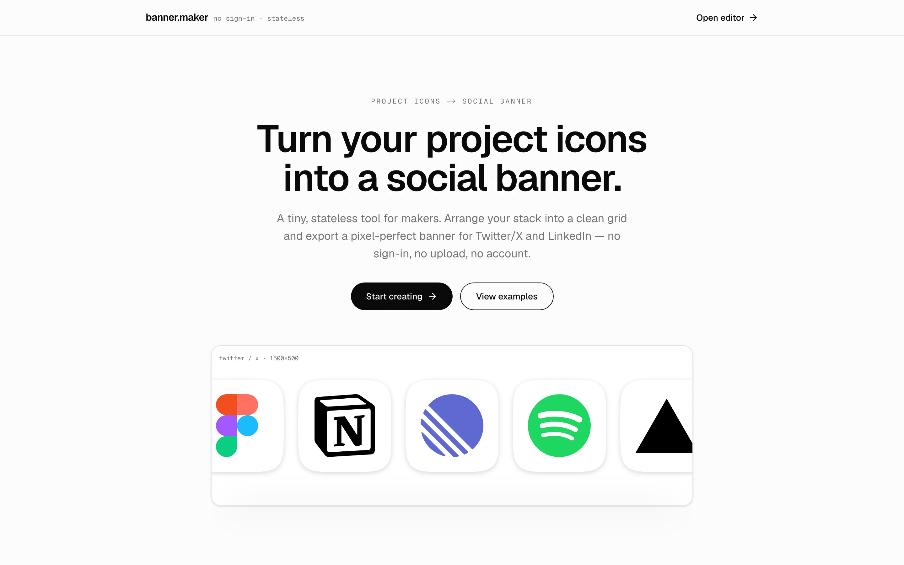 The banner.maker landing page, headline above an example banner strip of project icons
