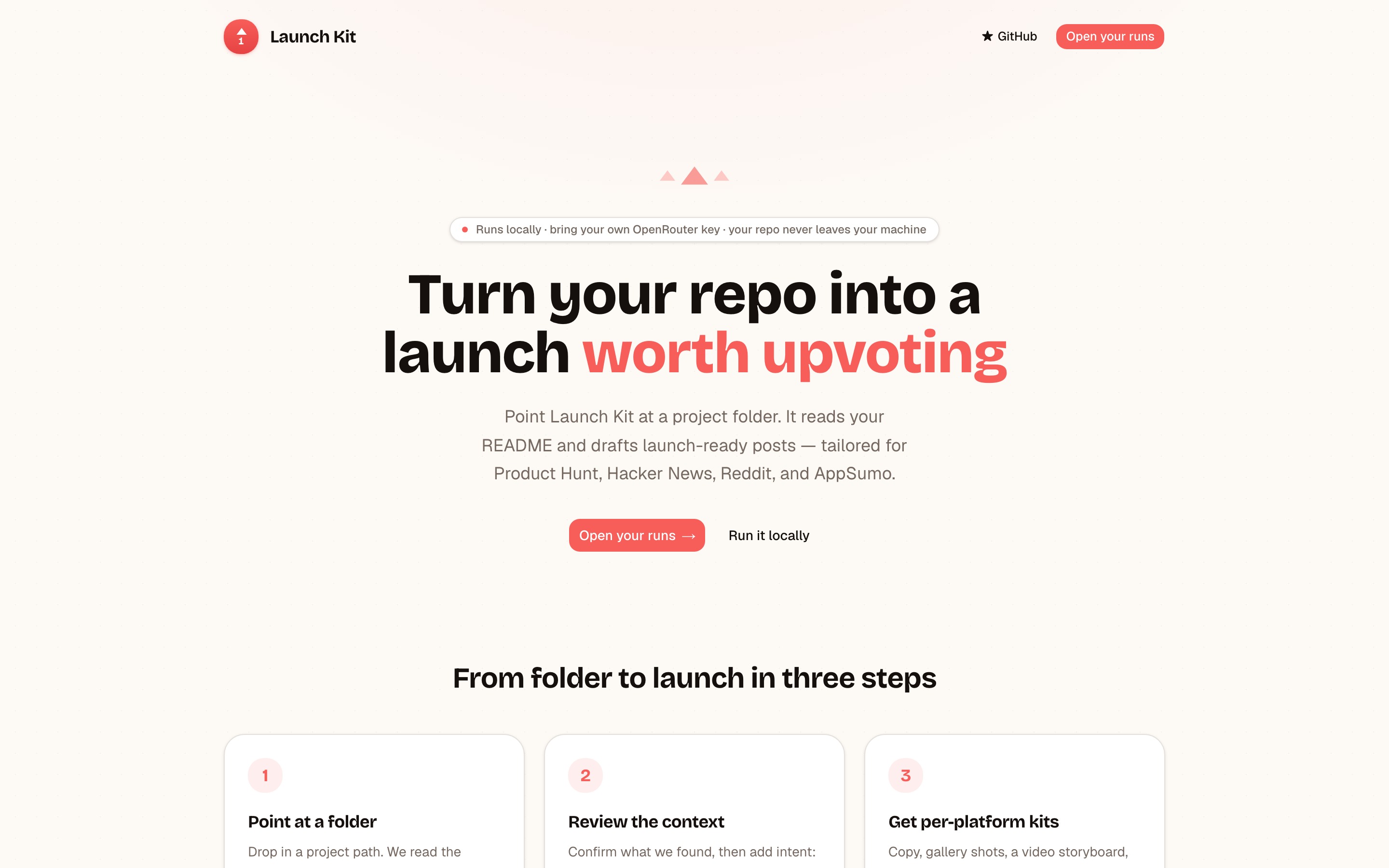 Launch Kit landing page, "Turn your repo into a launch worth upvoting" headline with an upvote icon and call-to-action buttons