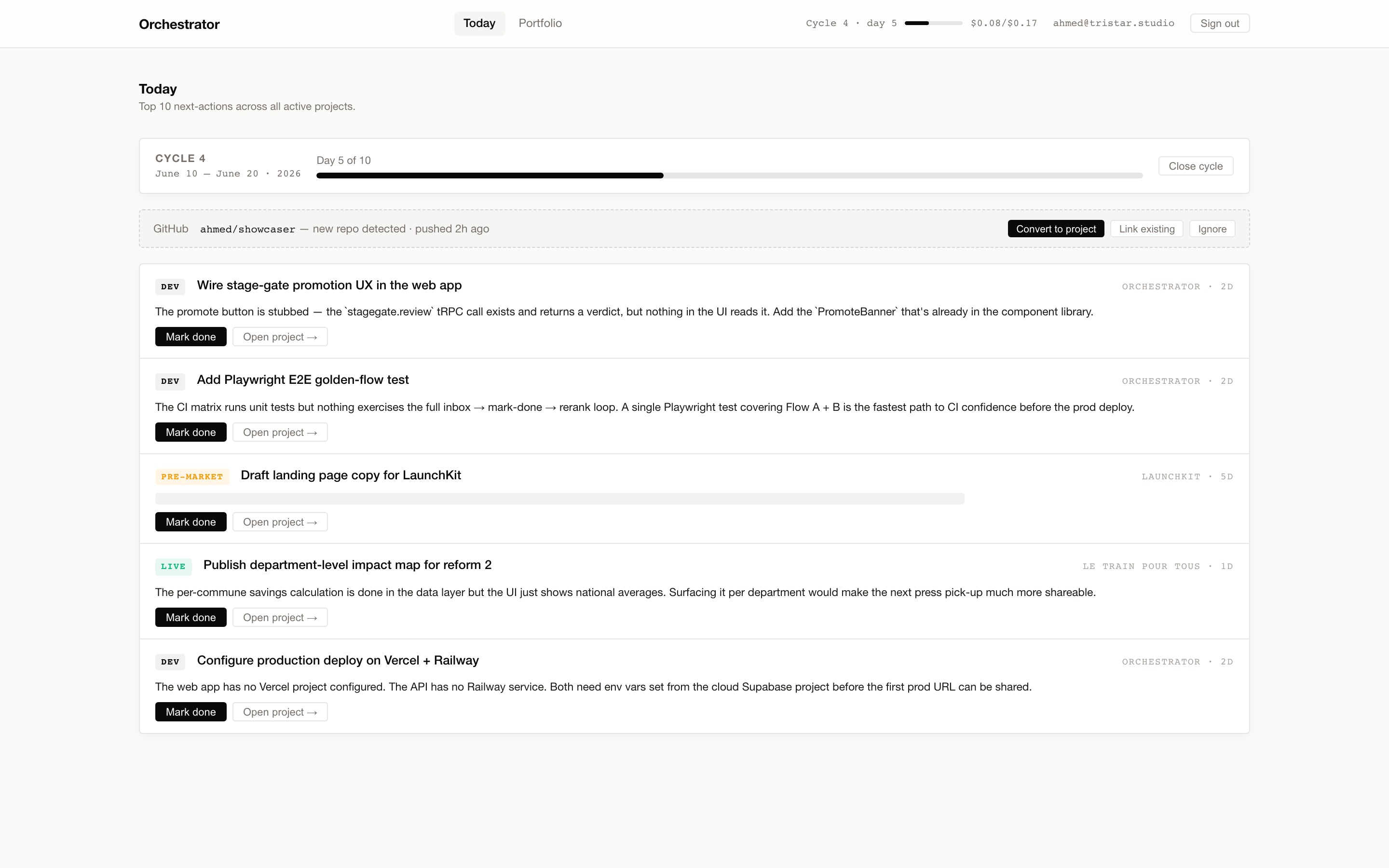The Orchestrator Today inbox showing five ranked next-actions across active projects